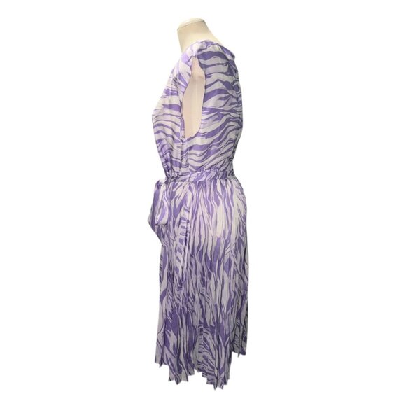 Nine West Womens XL Purple & White Zebra Print Pleated Midi Dress With Waist Tie - Picture 8 of 11